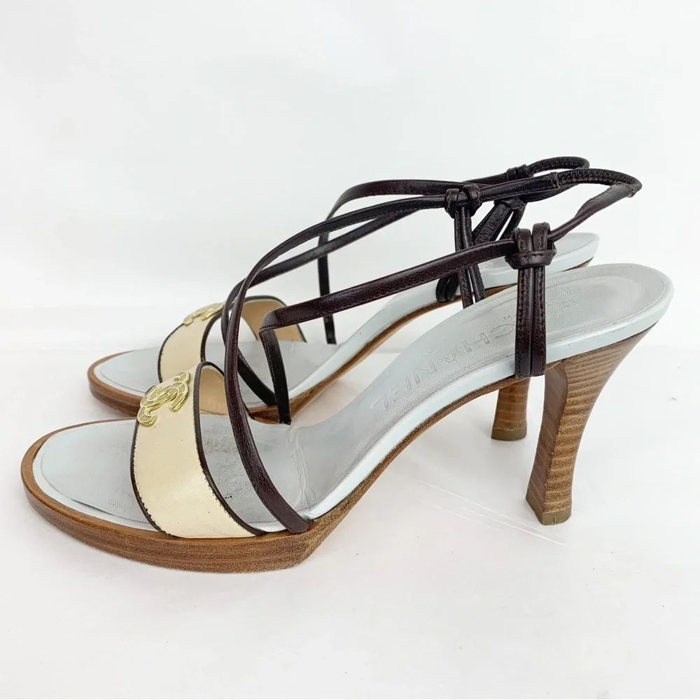 Chanel Blue / Brown Wooden Sole Strappy Heels Pumps 37 1/2 - Picture 8 of 13